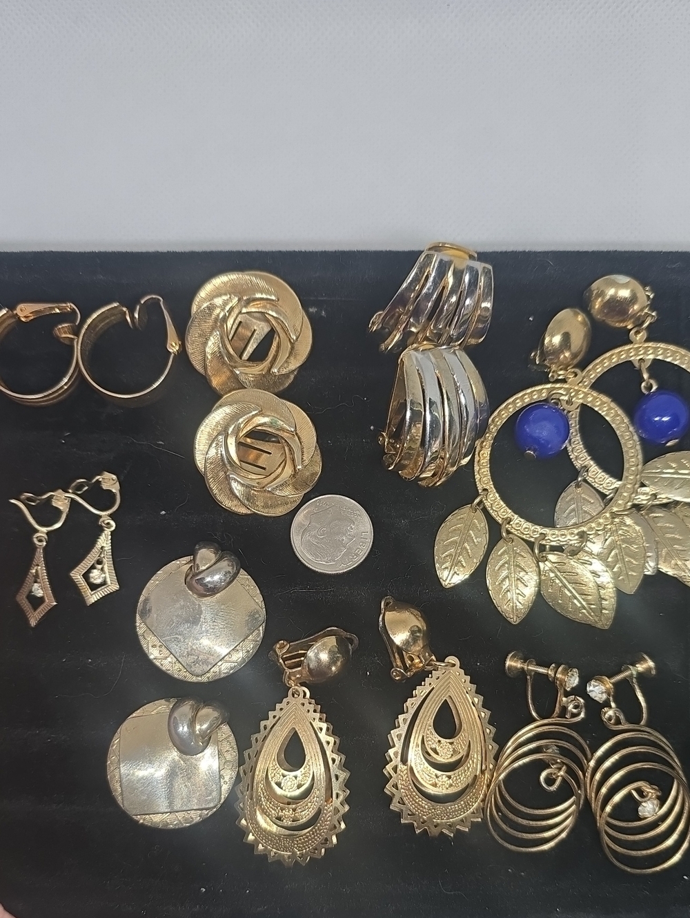 Gold-Tone Leaf Hoop Earrings with Blue Accent
